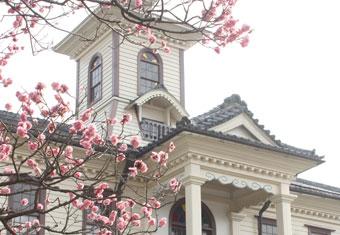 周りに桜の木が咲いている旧伊達郡役所の外観写真