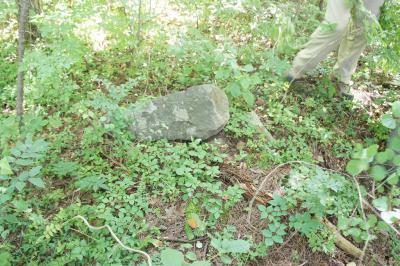 石塔が草むらの中に倒れている写真