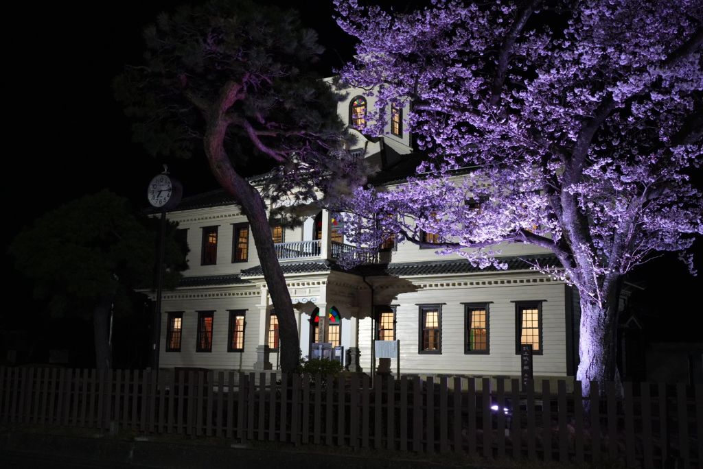 旧伊達郡役所の桜ライトアップ